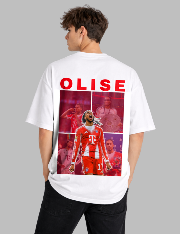 Person wearing a white t-shirt with a graphic and 'OLISE' branding on a gray background