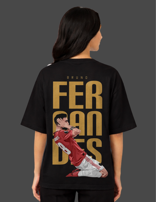 Person wearing a black t-shirt with 'BRUNO FERANDES' and a graphic on the back against a dark background