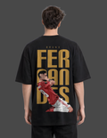 Person wearing a black t-shirt with 'Bruno Fernandes' design on the back