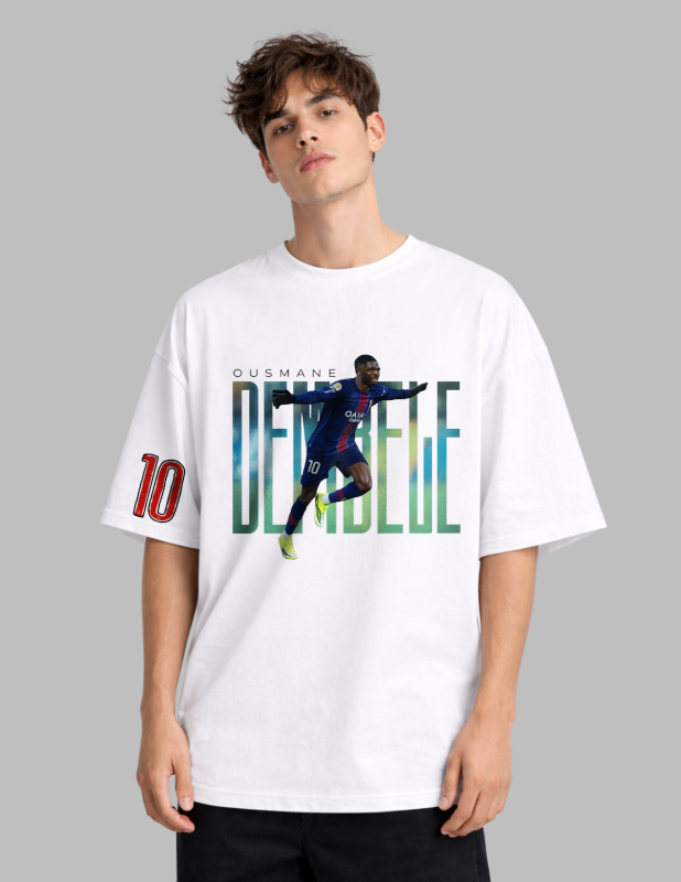 Person wearing a white t-shirt with a graphic design and text on a gray background