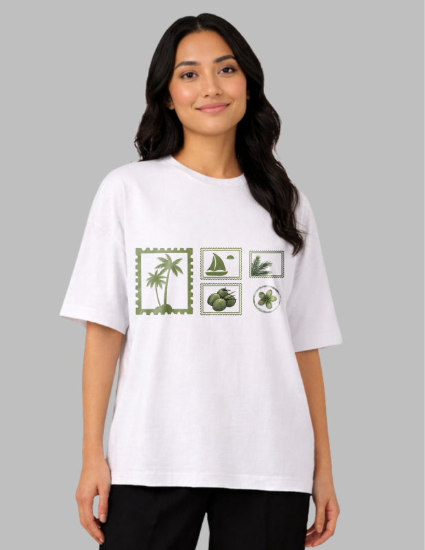 Woman wearing a white t-shirt with green graphic designs on a gray background