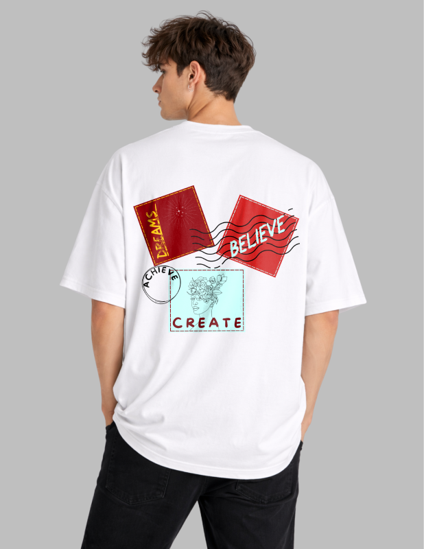Person wearing a white t-shirt with graphic designs and text on a gray background