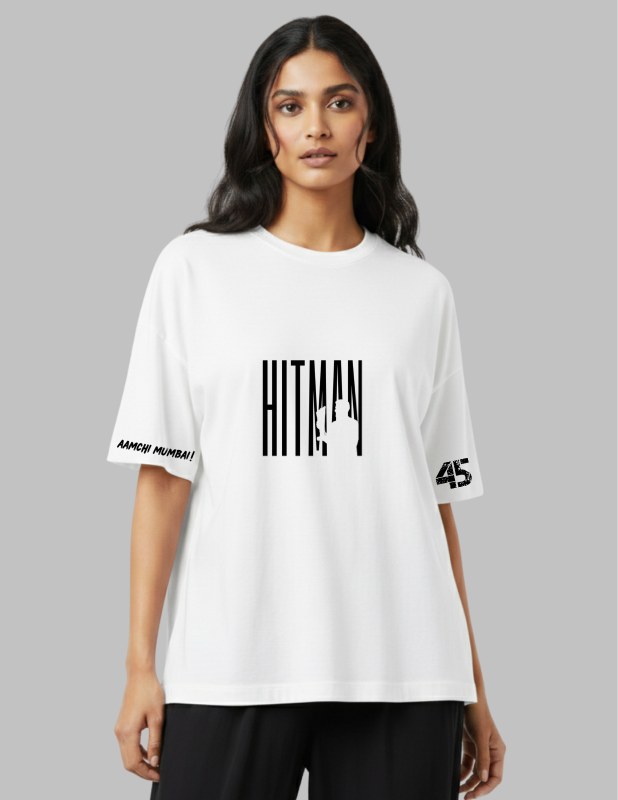 Woman wearing a white t-shirt with black text and logos on a gray background
