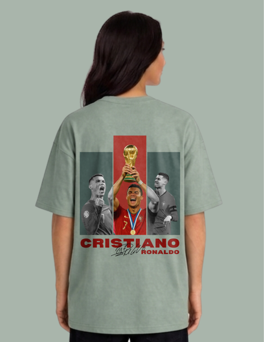 Person wearing a green t-shirt with Cristiano Ronaldo graphic and text