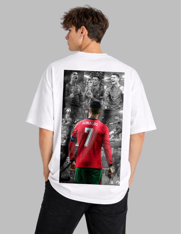 Person wearing a white t-shirt with a graphic of a soccer player in a red jersey on the back.