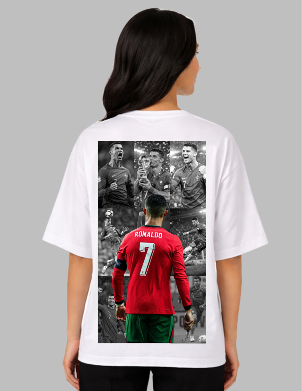White t-shirt with a graphic of a soccer player in a red jersey on a gray background