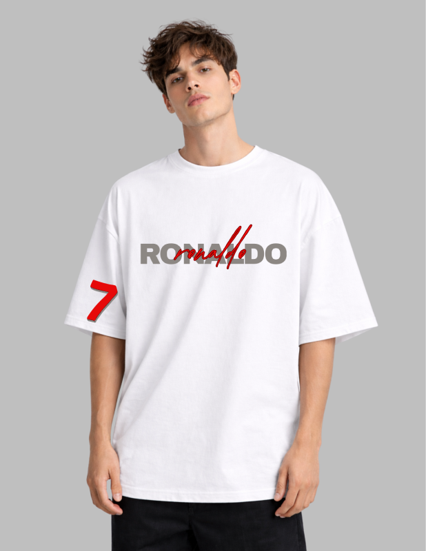 Person wearing a white t-shirt with 'RONALDO' and number '7' print on a gray background