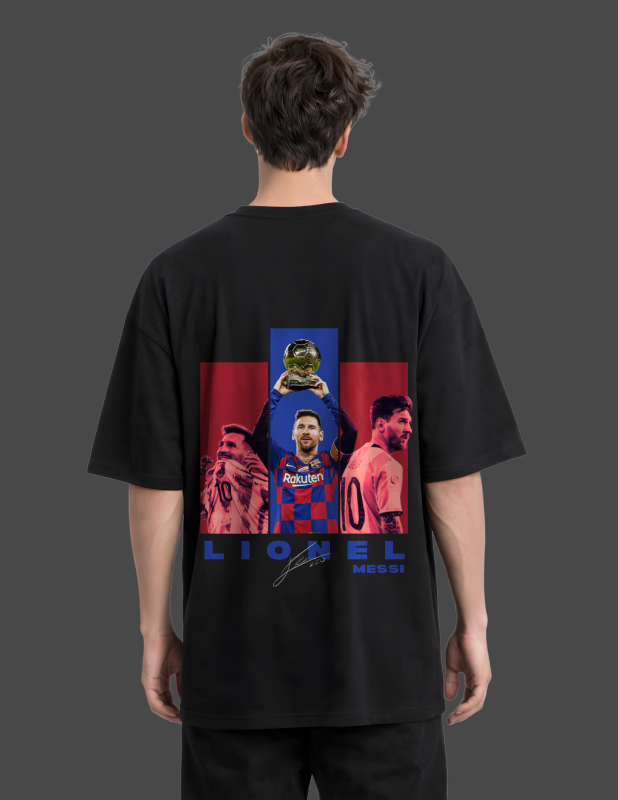 Person wearing a black t-shirt with Lionel Messi graphic on the back