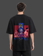 Person wearing a black t-shirt with Lionel Messi graphic on the back