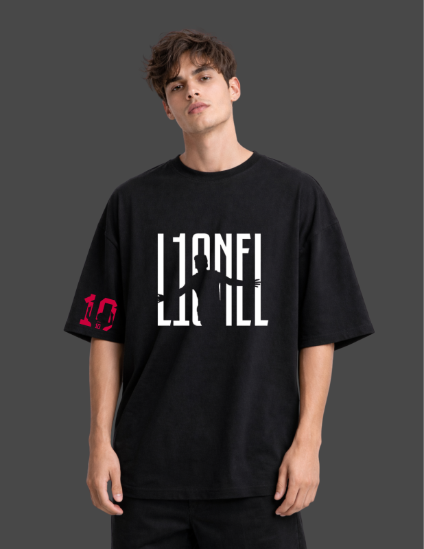 Person wearing a black t-shirt with 'LIONEL' printed on it against a dark background