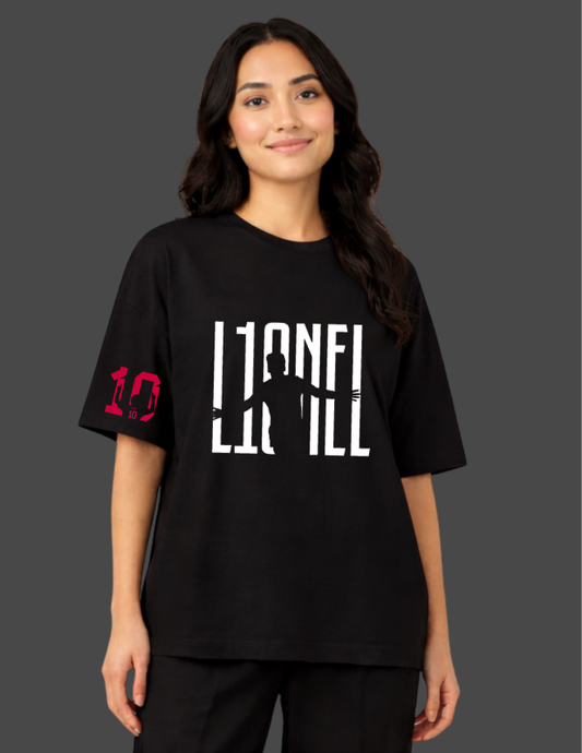 Person wearing a black t-shirt with 'Lionel Messi' printed on it against a dark background