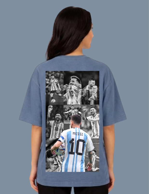 Person wearing a blue t-shirt with a collage of images and 'Messi 10' on the back.