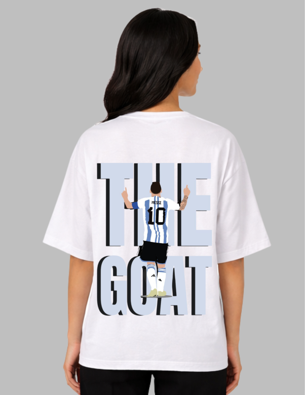 Person wearing a white t-shirt with 'The GOAT' graphic on the back, standing against a gray background.