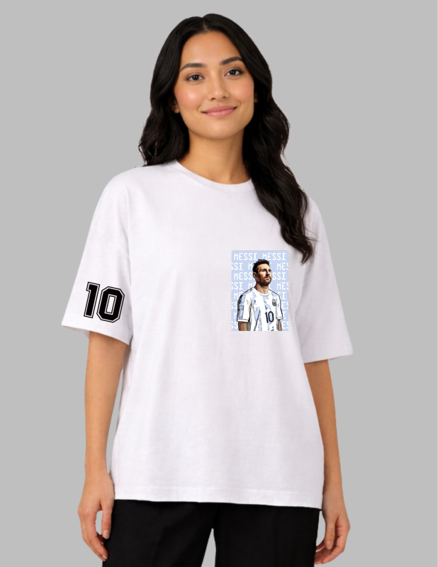 Woman wearing a white t-shirt with a graphic design on a gray background