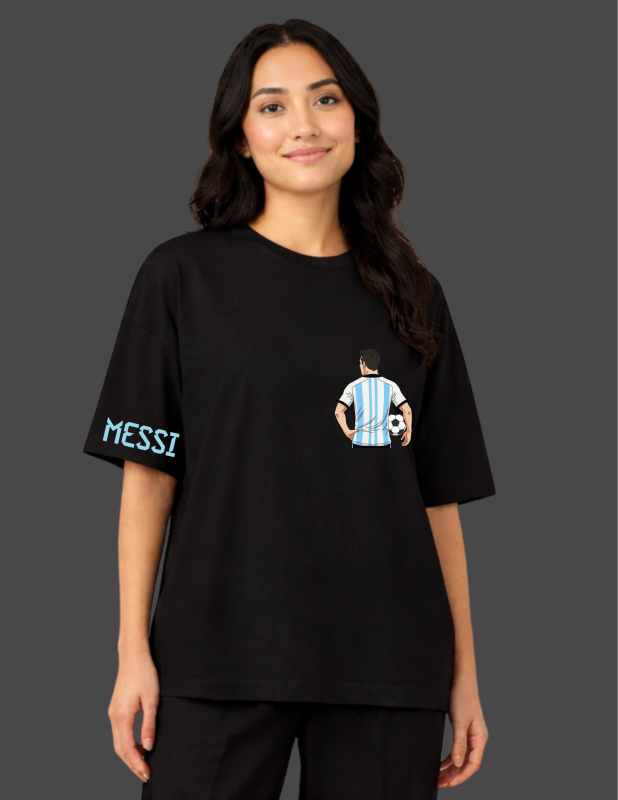 Person wearing a black t-shirt with a graphic design and 'MESSI' text on a dark background