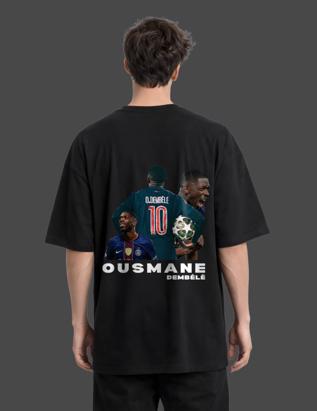 Person wearing a black t-shirt with a graphic of a soccer player and text on the back.