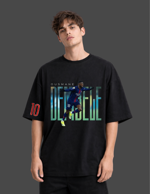 Person wearing a black t-shirt with a graphic of a soccer player and text on a dark background