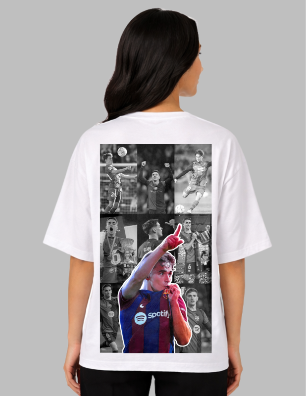 Person wearing a white t-shirt with a collage of images on the back, set against a gray background.