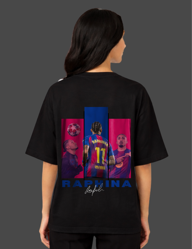 Person wearing a black t-shirt with colorful graphics and text on the back