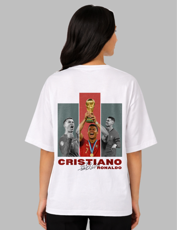 Person wearing a white t-shirt with a graphic of Cristiano Ronaldo holding a trophy and text on the back.