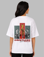 Person wearing a white t-shirt with a graphic of Cristiano Ronaldo holding a trophy and text on the back.