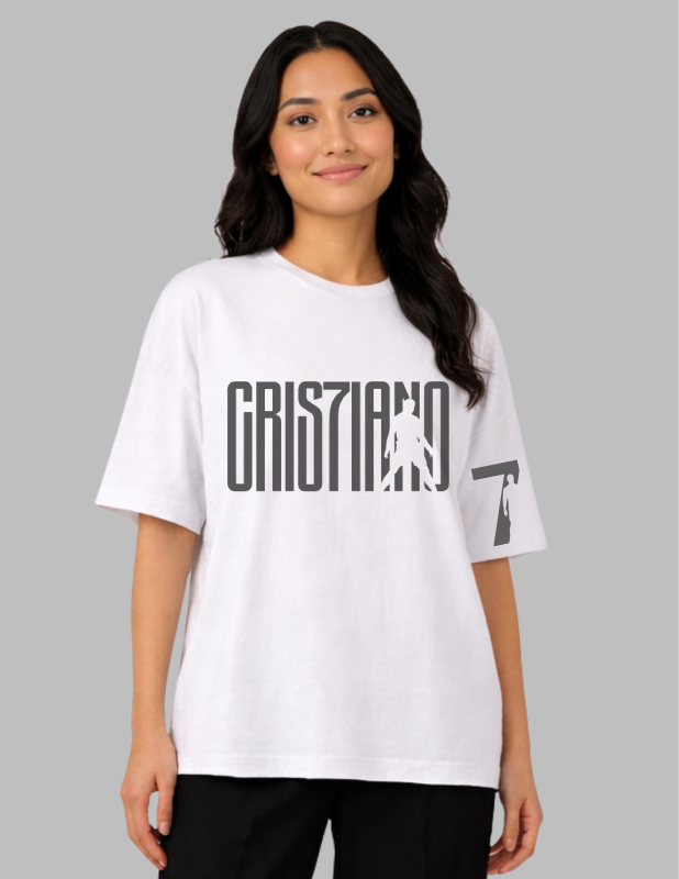 Woman wearing a white t-shirt with 'Grisiano' branding on a gray background