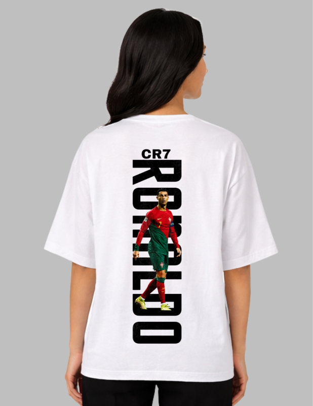 Person wearing a white t-shirt with 'CR7 Ronaldo' print on the back, standing against a gray background.