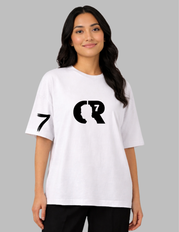 Woman wearing a white t-shirt with a black logo on a gray background