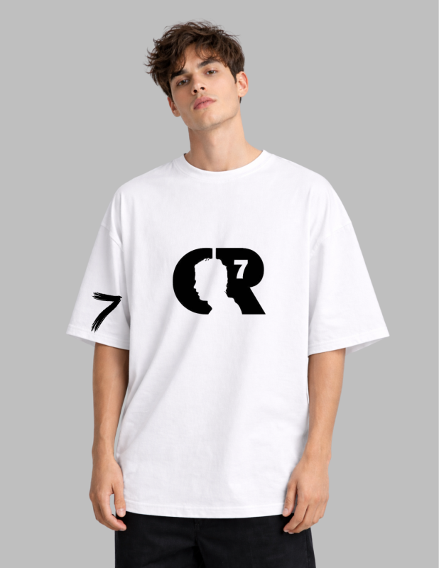 Person wearing a white t-shirt with a black logo on a gray background