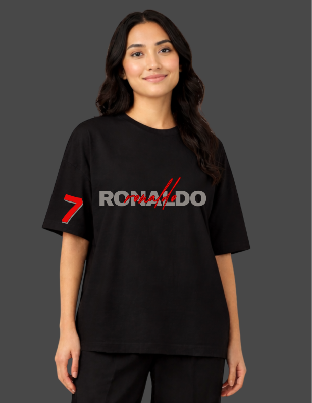 Person wearing a black t-shirt with a logo and number on a dark background