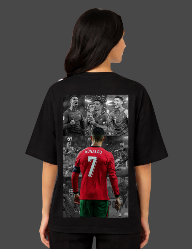 Person wearing a black t-shirt with a collage of images on the back, including a soccer player in a red jersey.