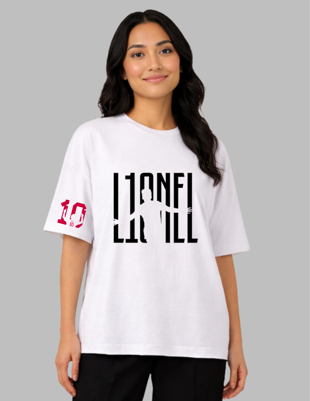 Person wearing a white t-shirt with black text and red number on a gray background