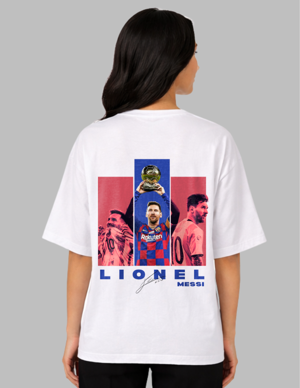Person wearing a white t-shirt with Lionel Messi graphics and text on a gray background