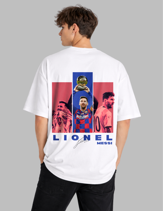 Person wearing a white t-shirt with Lionel Messi graphics and text on a gray background
