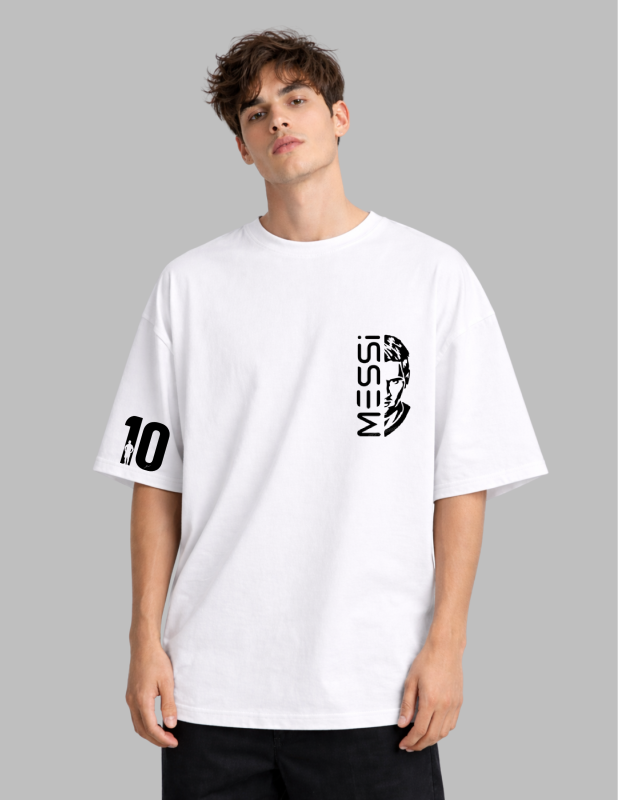Person wearing a white t-shirt with black graphics and text on a gray background