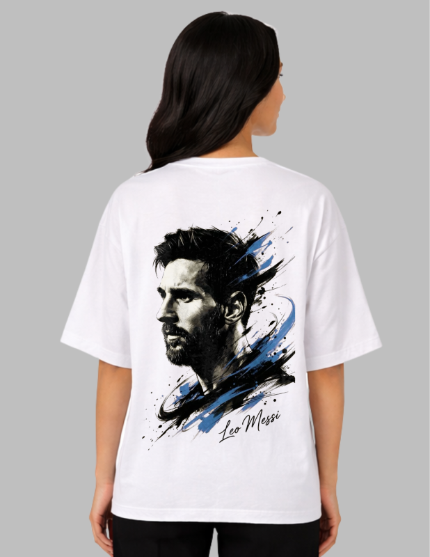 Person wearing a white t-shirt with a graphic of a famous person and 'Leo Messi' text on the back.