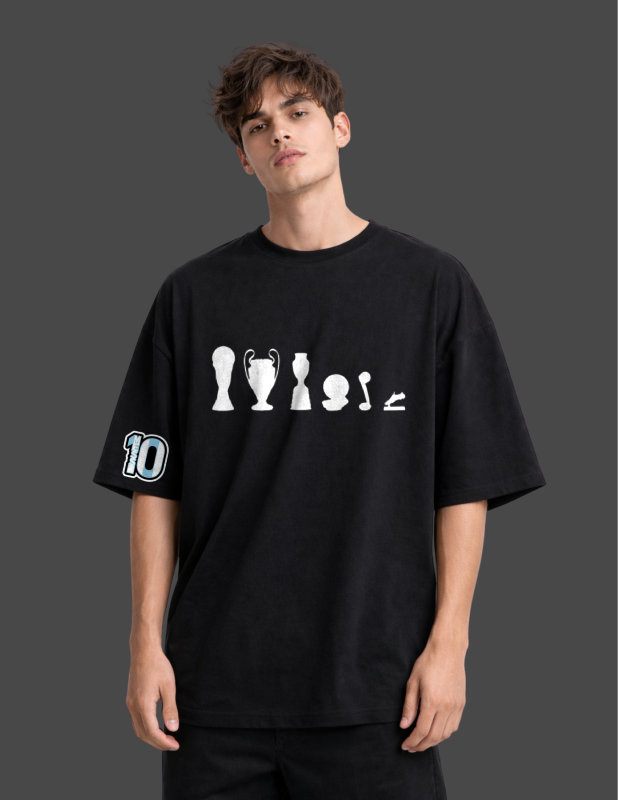 Person wearing a black t-shirt with white graphics and number 10 on a dark background