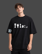 Person wearing a black t-shirt with white graphics and number 10 on a dark background