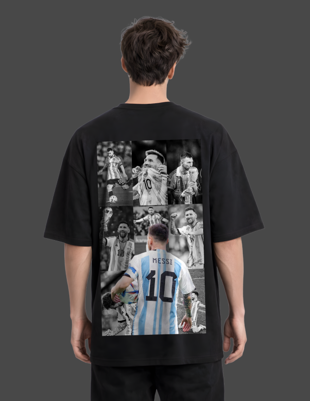 Person wearing a black t-shirt with a collage of images on the back, featuring a soccer player in a striped jersey.