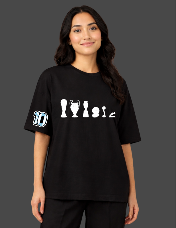 Person wearing a black t-shirt with white graphics and numbers on a dark background