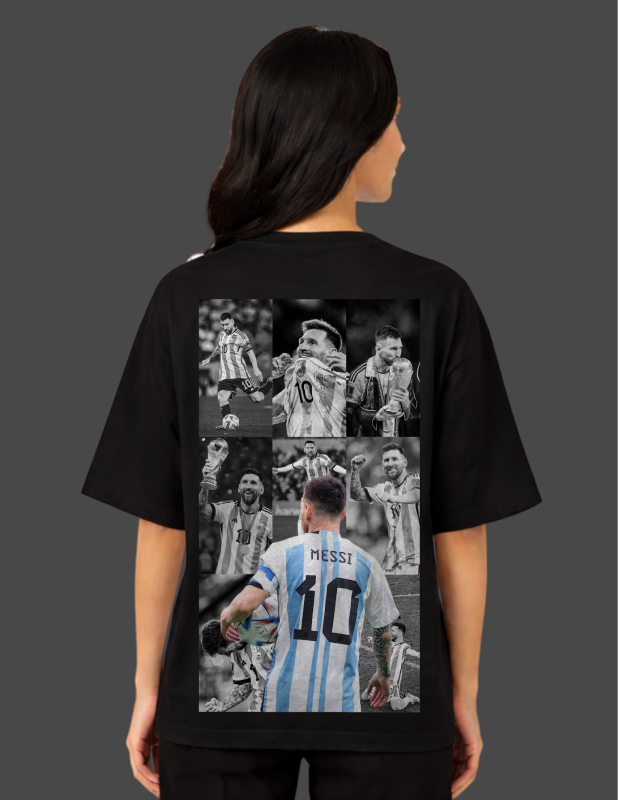 Person wearing a black t-shirt with a collage of images on the back, featuring a soccer player in a striped jersey.