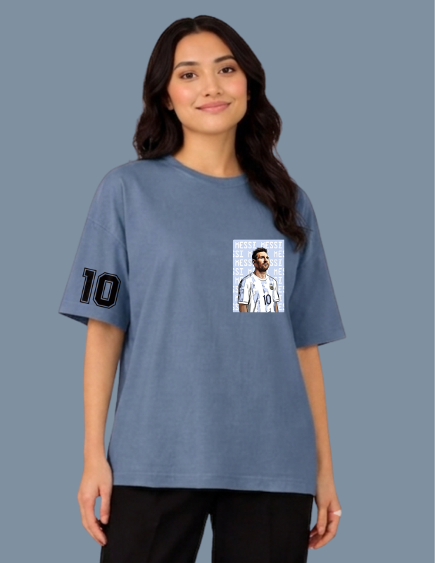 Person wearing a blue t-shirt with a graphic and number 10 on a plain background