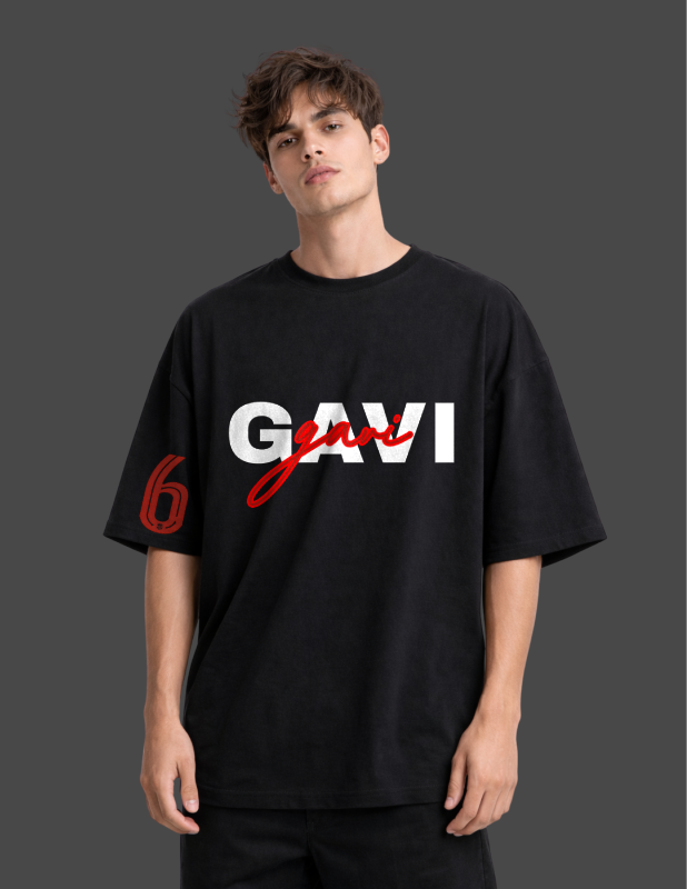 Person wearing a black t-shirt with 'Gavi' logo on a dark background