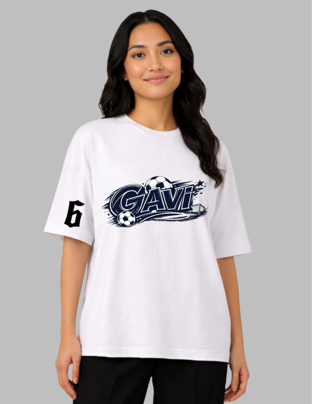 Woman wearing a white t-shirt with 'Gavi' logo on a gray background