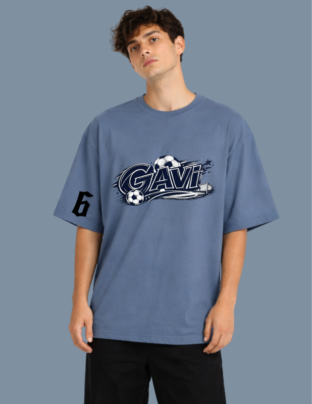 Person wearing a blue t-shirt with a logo and text on a plain background