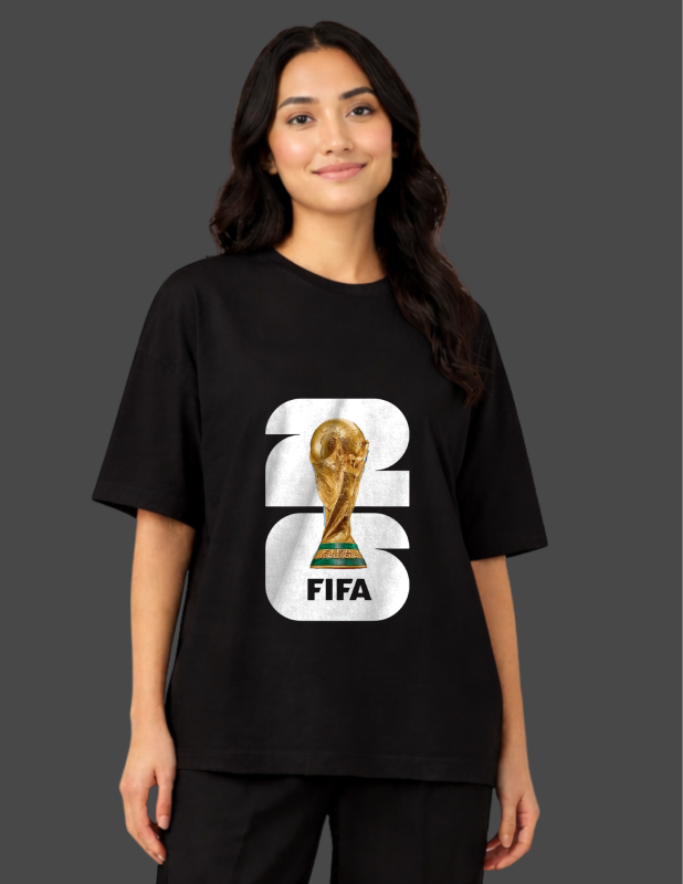 Person wearing a black t-shirt with FIFA World Cup trophy design on a dark background