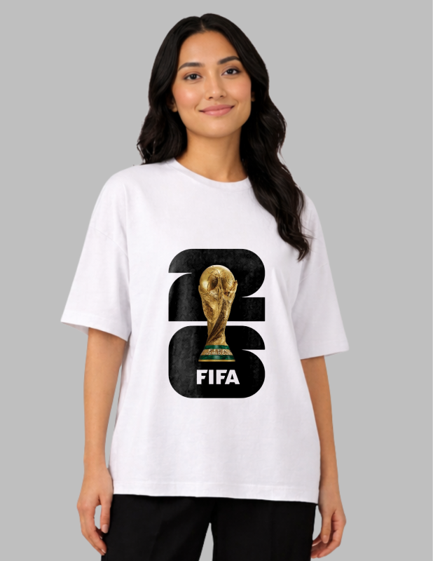Person wearing a white t-shirt with FIFA World Cup trophy design on a gray background