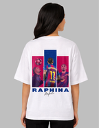 Person wearing a white t-shirt with colorful graphics and text on the back