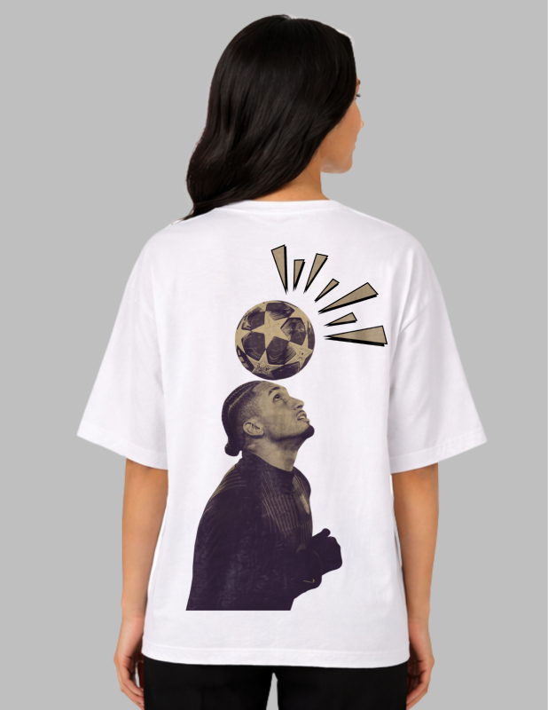 Person wearing a white t-shirt with a graphic design on the back, featuring a soccer ball and a person's head.