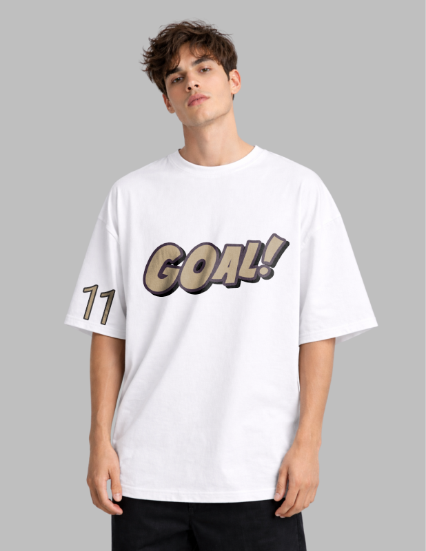 Person wearing a white t-shirt with 'GOAL!' and number '11' design on a gray background